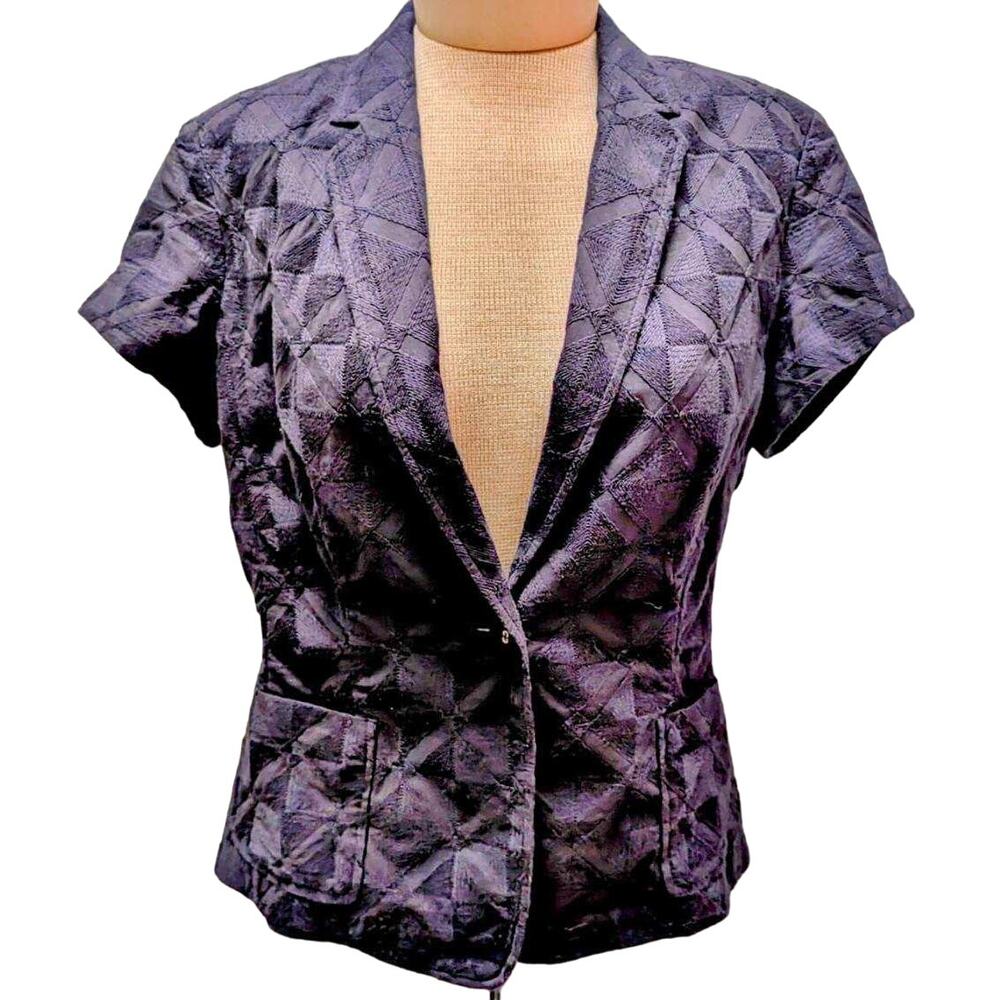 Talbots Cotton Blend Embroidered Short Sleeve Career Blazer Navy Blue Sz 14P